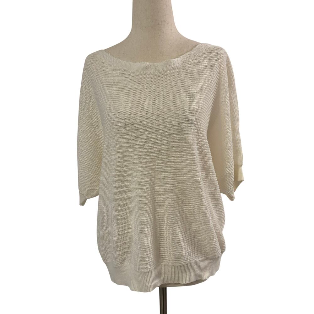 White + Warren Womens Linen Sweater White Short Sleeve Lightweight Knit Medium